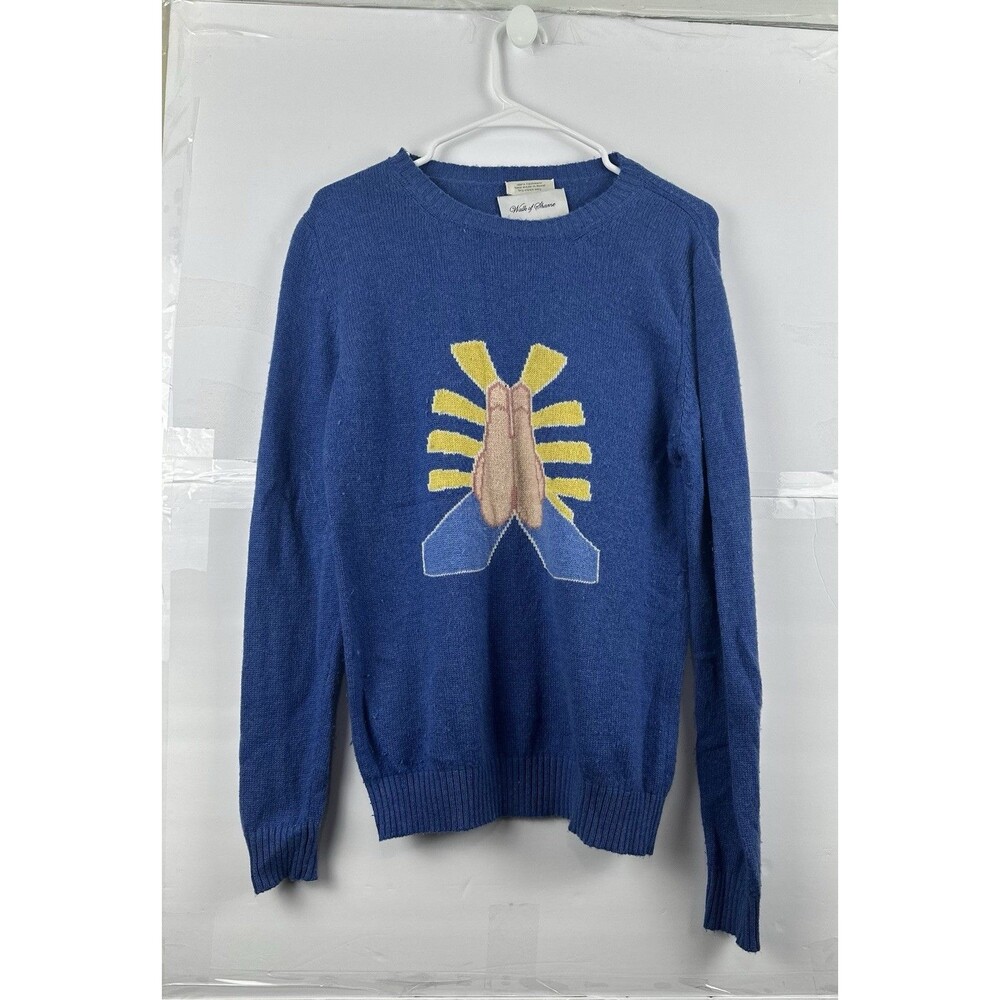 Walk of Shame 100% Cashmere Sweater Praying Hands Graphic Blue Size 42 Rare